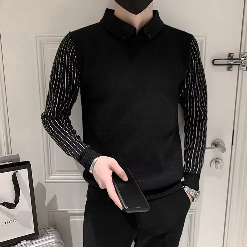 Men's Autumn Winter Solid Turn-down Collar Striped Button Geometric Shape Long Sleeve Sweater Knitted Undershirt England Tops