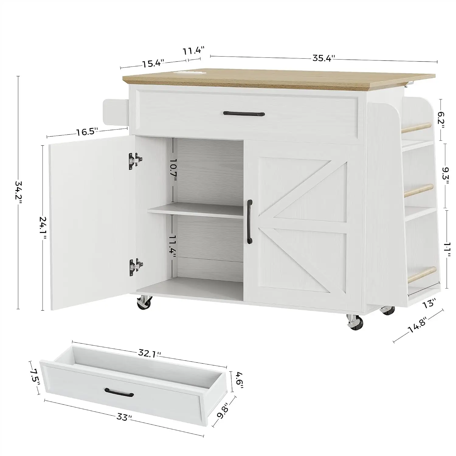 35.4" Rolling Kitchen Island with Drop Leaf, Storage Cabinets, Power Outlet & Lockable Wheels, Kitchen Cart, White