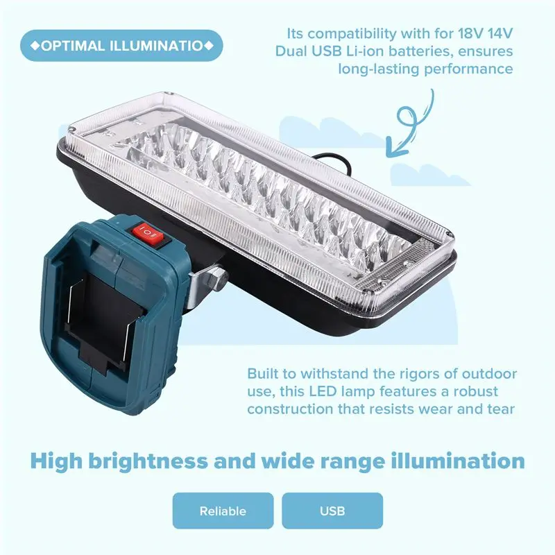 LED Camping Flashlight Work Light 7 Inch Cordless Lamp For 18V 14V Dual USB Li- Battery Architectural Light