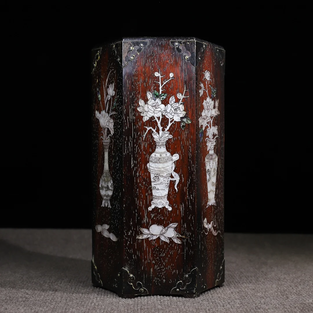 Rosewood Pen Holder With Inlaid Shells, Hexagonal Shape, Length Width 15Cm, Height 31Cm