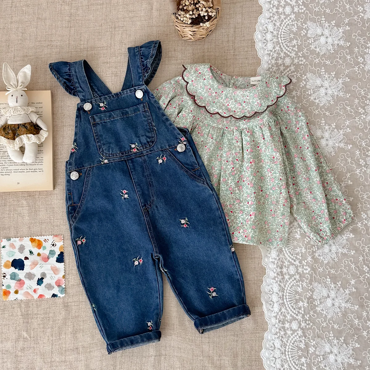 Spring Autumn Baby Girls Sweet 2Pcs Outfit, Floral Ruffle Collar Shirt & Flower Embroidered Denim Overalls