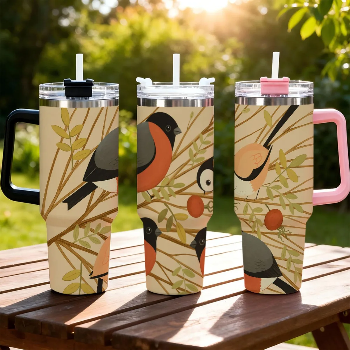1pc of a 40Oz Adorable Bird And Berry Stainless Steel Tumbler with a Straw Lid, Suitable for Both Hot And Cold Beverages. This Leakproof Travel Mug Features a Beige And Brown Bird Design with Black Buff Tips, Making It an Ideal Coffee Gift for Women