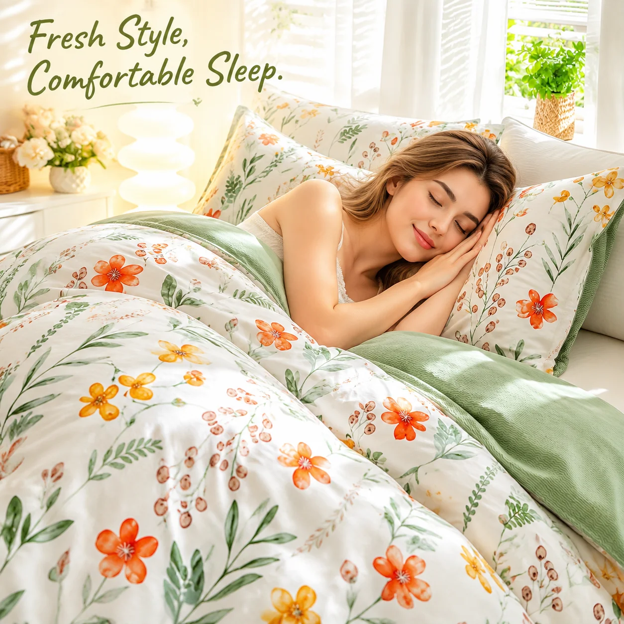 Botanical Floral Duvet Cover Set, Green White Bedding Set, Soft Plant Print Bed Cover with Pillowcases, Twin Full Queen King Breathable and Ultra-Soft, Suitable for All Seasons, Includes 1 Duvet Cover and 1-2 Pillowcases.