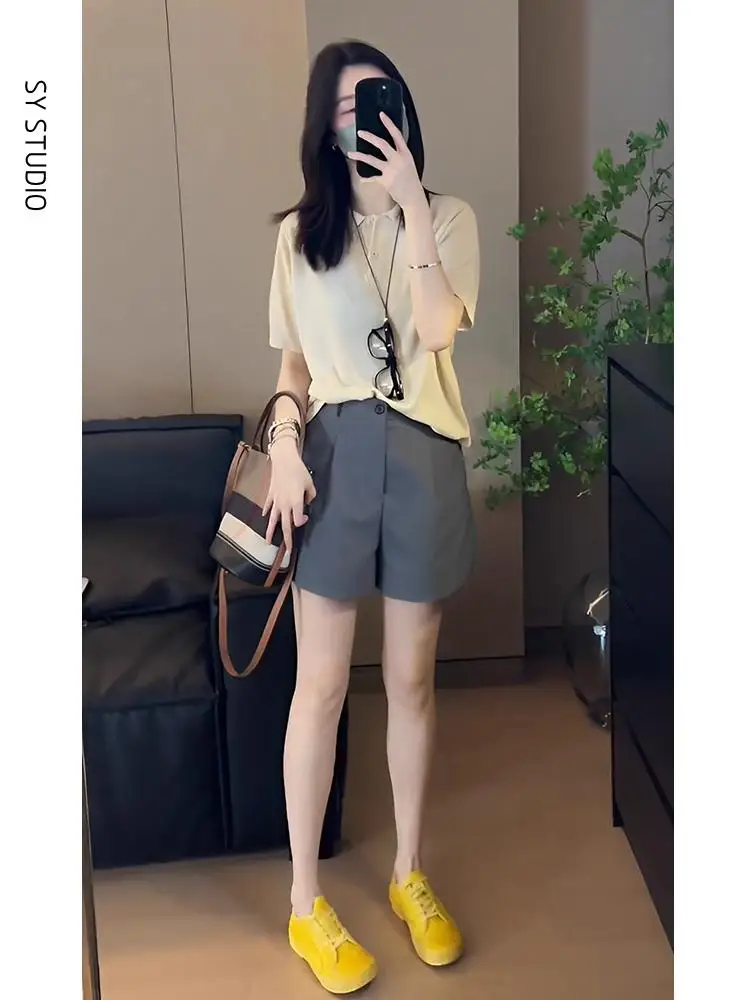 

Fashionable Neck Short Sleeve T-Shirt And High Waist Shorts Set Casual Summer Outfit for Women Age Defying Two Piece Suit