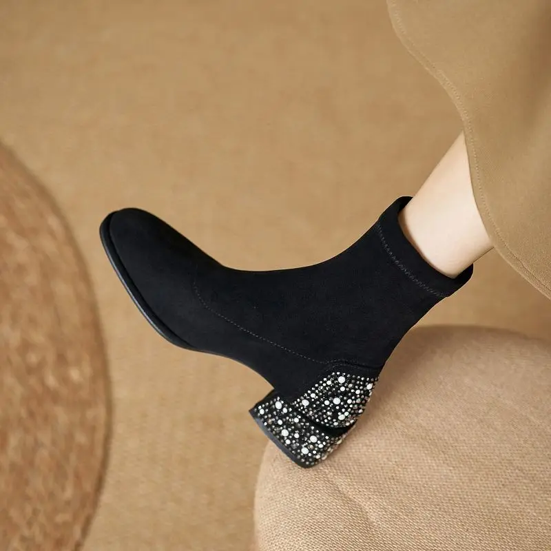 Ankle Boots for Women Suede Black Woman Short Shoes Rhinestone Elegant with Medium Heels Booties Sale Goth Comfortable Y2k Boot