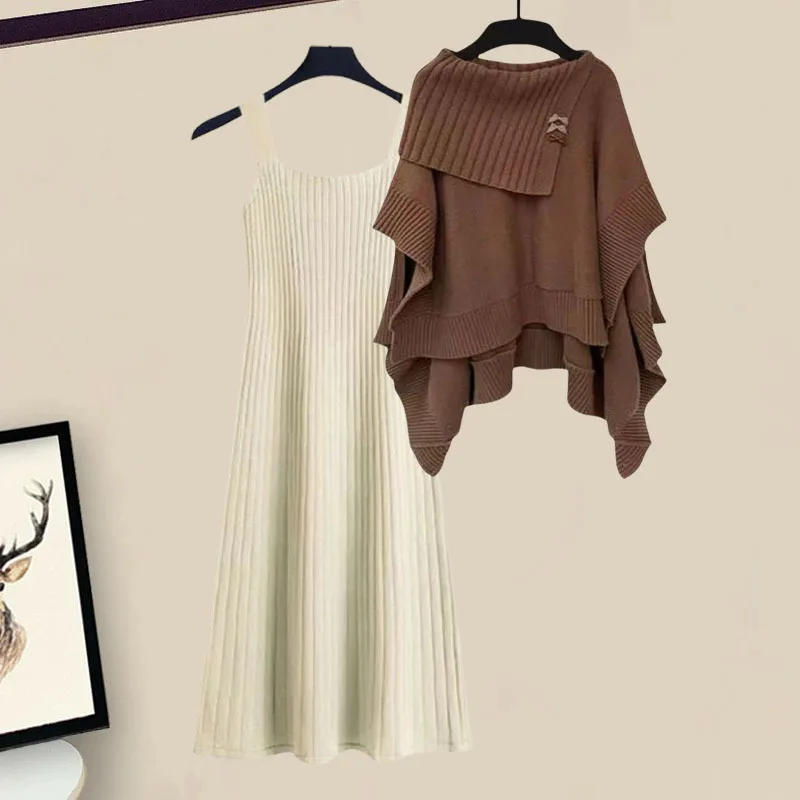 Fall Winter Knitted 2 Pieces Sets For Women Outfits Korean Casual Slash Neck Elegant Cloak Sweater+knitting Dresses Sets 2024