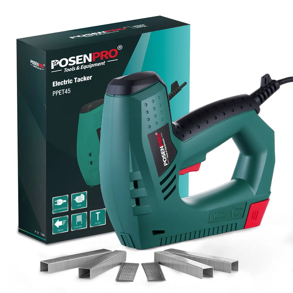 POSENPRO 45W Elektrischer Tacker und Nagelpistole für DIY-Polsterarbeiten, Tischlerei und Holzbearbeitungsprojekte, inklusive 500 Stück Nägel