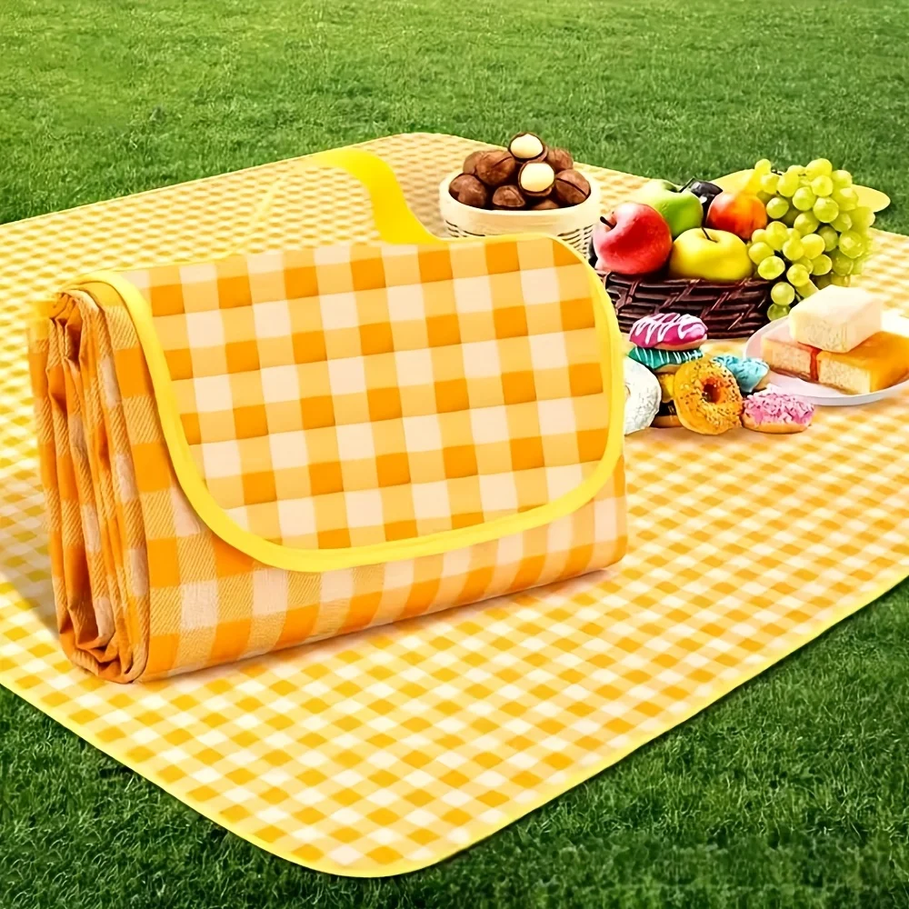 1Pc Yellow Plaid Picnic Mat Lightweight Foldable Outdoor Beach Camping Blanket For Park Travel Picnic Non Direct Contact With Fo