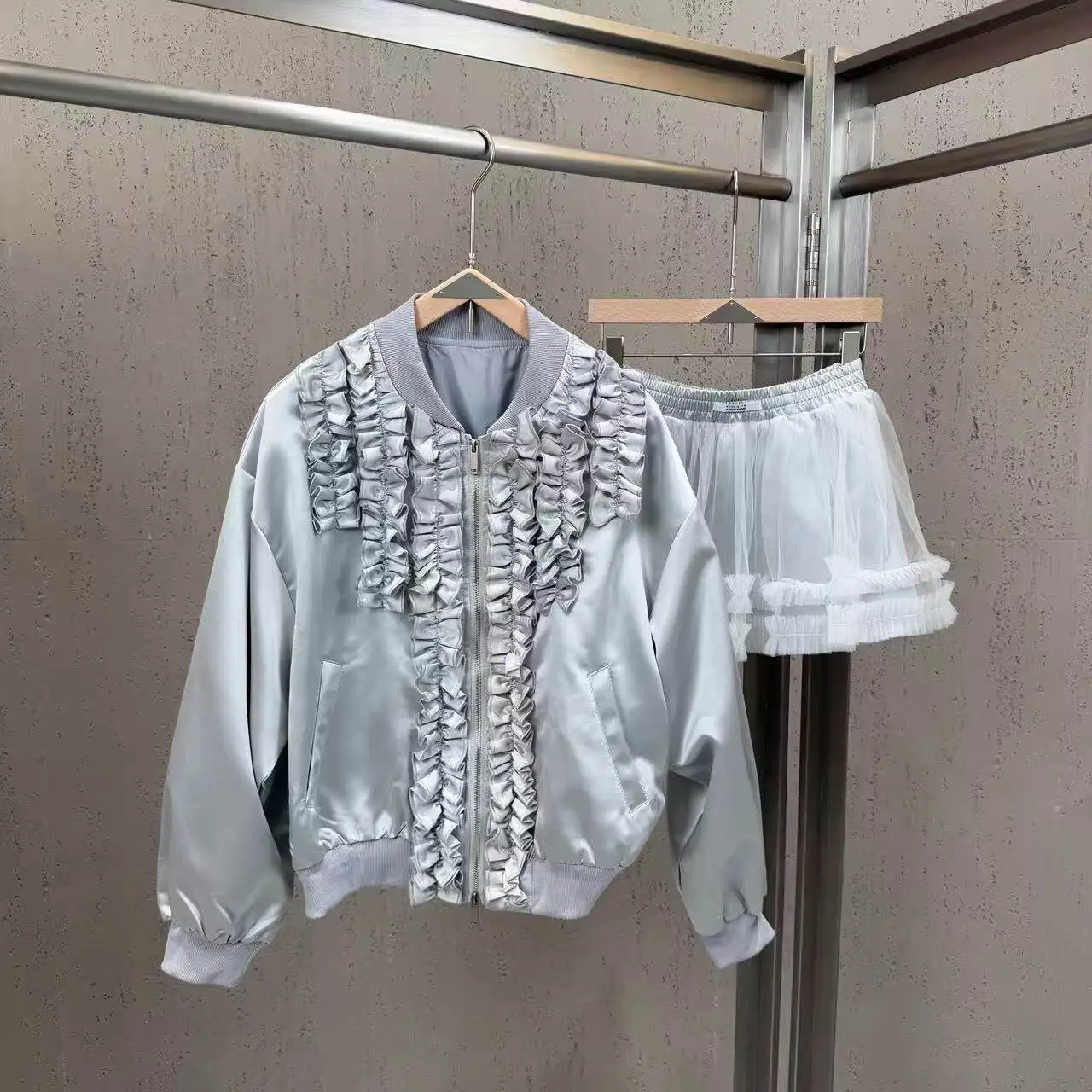 

2026 Spring Fungus Edge Design Loose Baseball Uniform Jacket Coat Female Short Mesh Skirt Girl 2 Piece Sets Women Outfits Casual