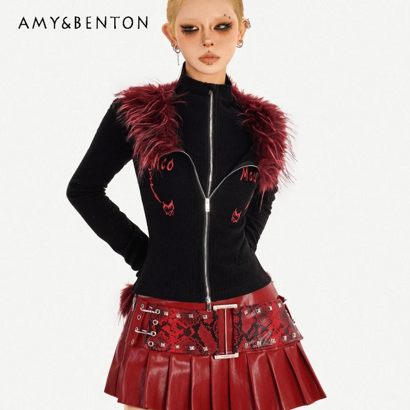 

Winter New Black Hot Girl Double Zipper Fake Two-piece Fur Collar Knitted Women's Cardigan Original Design Slimming Top Ladies