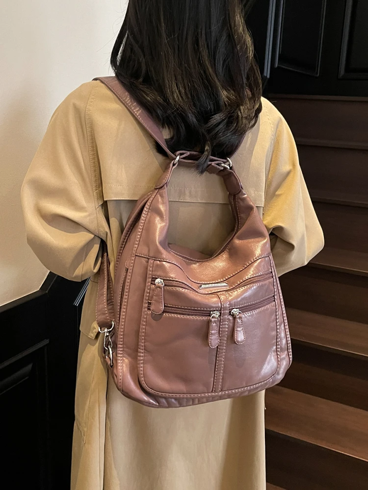 

Retro Waed Leather Large Capaci Multi-ket Soft Leather Bapa Women Lazy Sle Single oulder Tote Bag Briti Sle