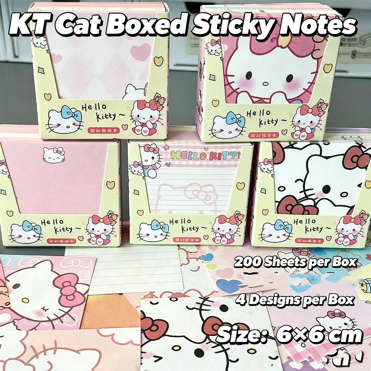 Sanrio Hello Kitty Non-Adhesive Memo Sheets (200 Sheets, 6x6cm, 4 Designs) – Cute Cartoon Stationery for School & Office