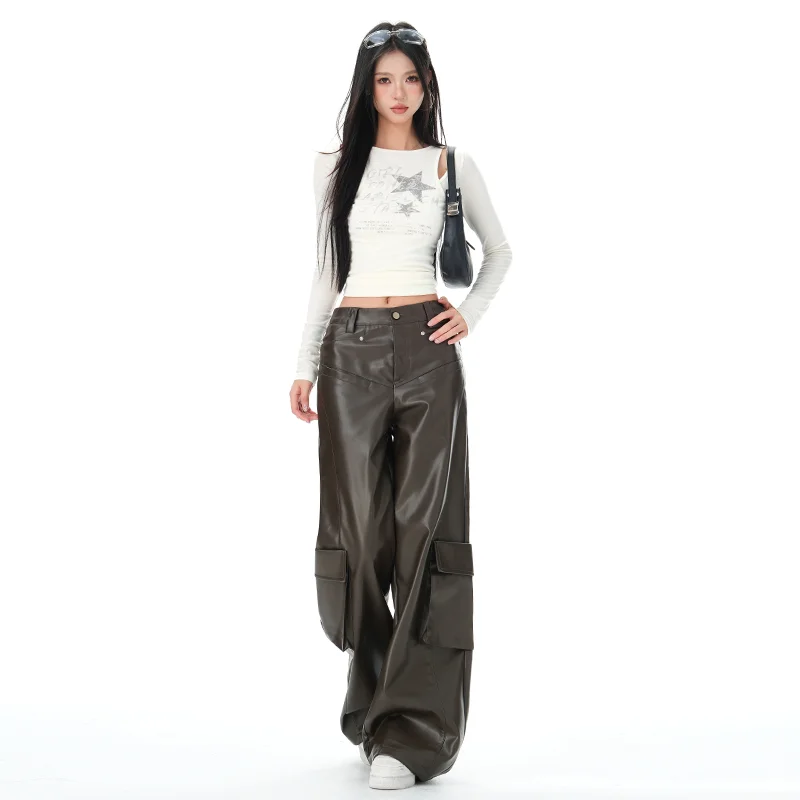 Functional style coffee-colored work pants for girls, slim-fit straight-leg pants that help you look slimmer.
