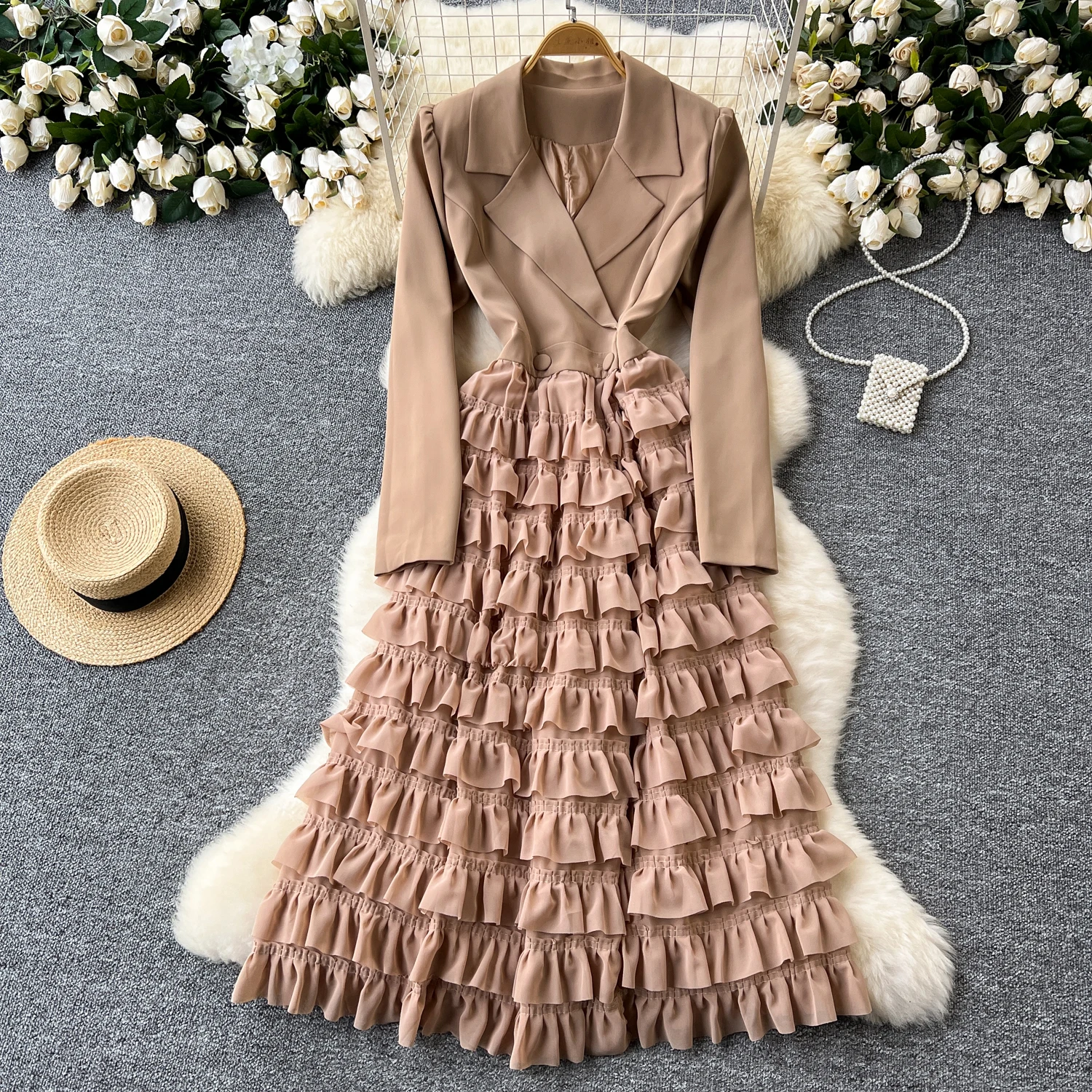 

Women's Autumn/Winter New Dress Luxury and Elegant Suit Collar Long Sleeve Waist Closing slimming Splicing Mesh Cake Dresses