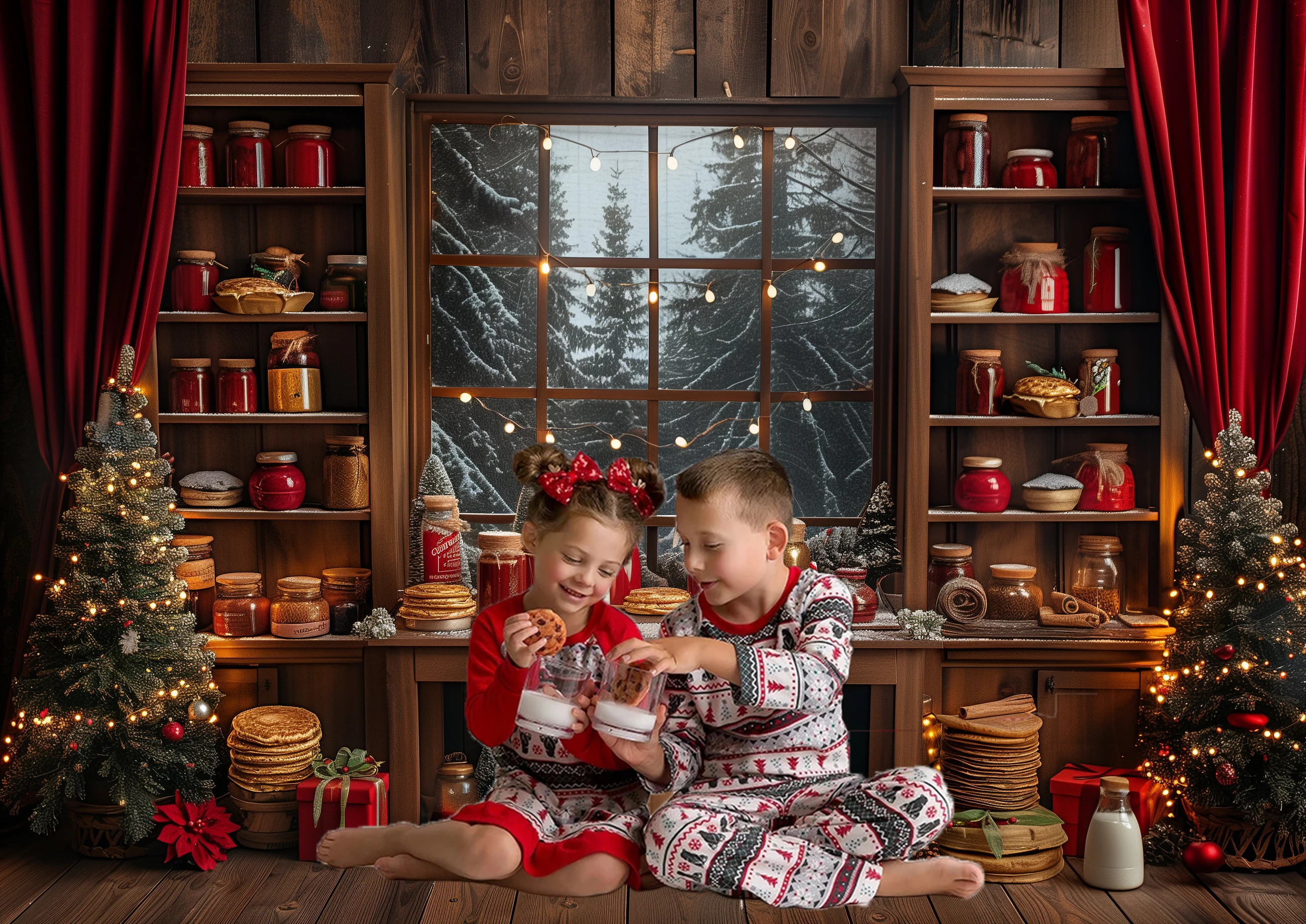 Mocsicka Winter Christmas Kitchen Photography Background Cook Window Xmas Trees Kids Family Portrait Decor Backdrop Photo Studio