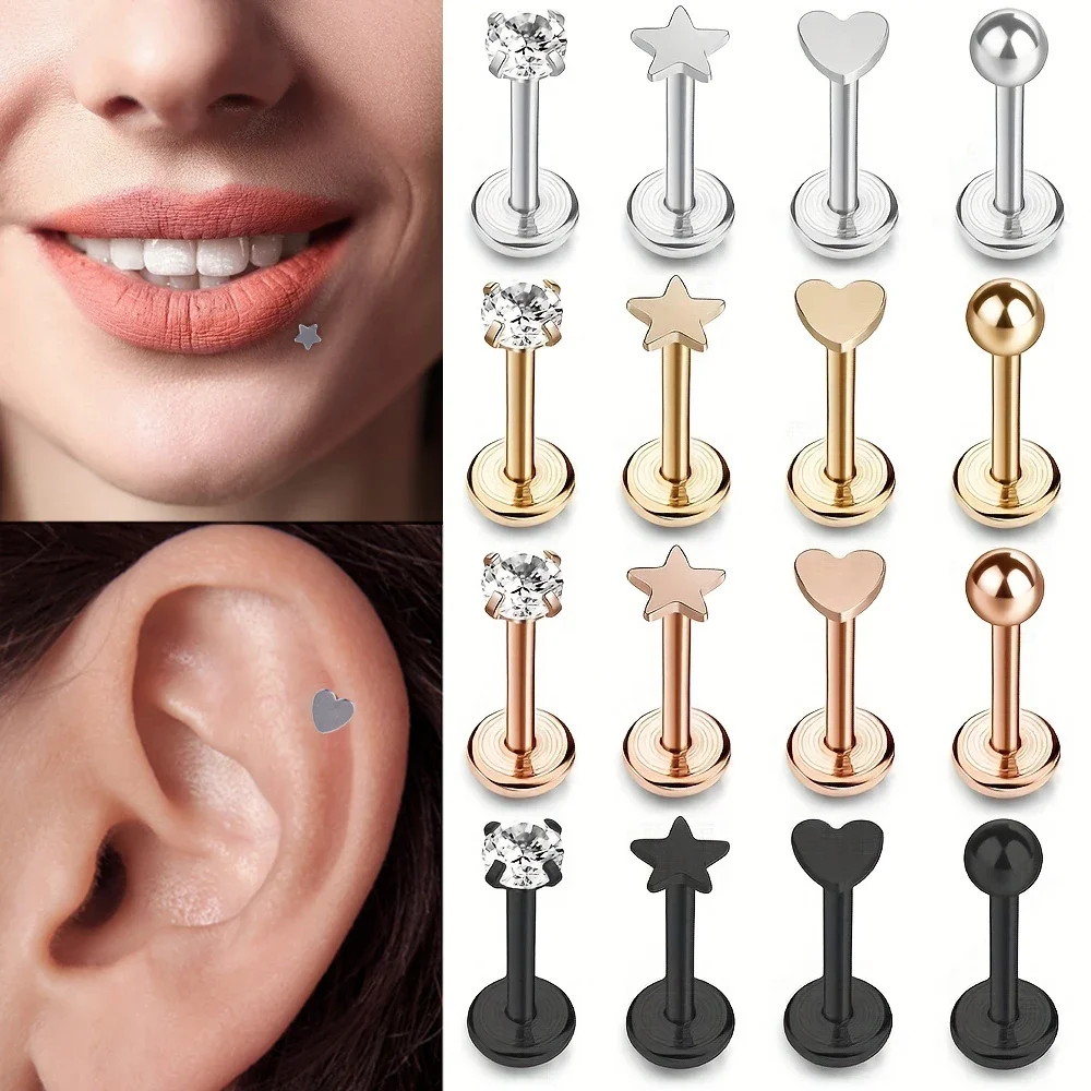 4 Stücke Edelstahl Tragus Helix Bar Herz Stern Kopf Labret Lip Bar Ringe Ohrstecker 16G Knorpel Ohrpiercings Lippenpiercing Ohrstecker