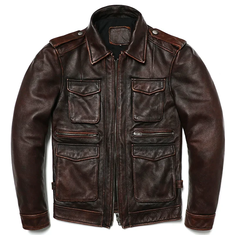 Brown Vintage Style Genuine Leather Jacket Men Natural  Fashion Slim Coat Jackets Man