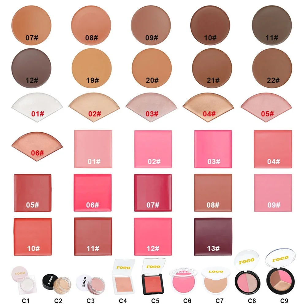 Private Label Contour Highlighter Blush Paleta, Blush creme, opção multi-cor, cosméticos delicados, maquiagem logotipo personalizado, atacado