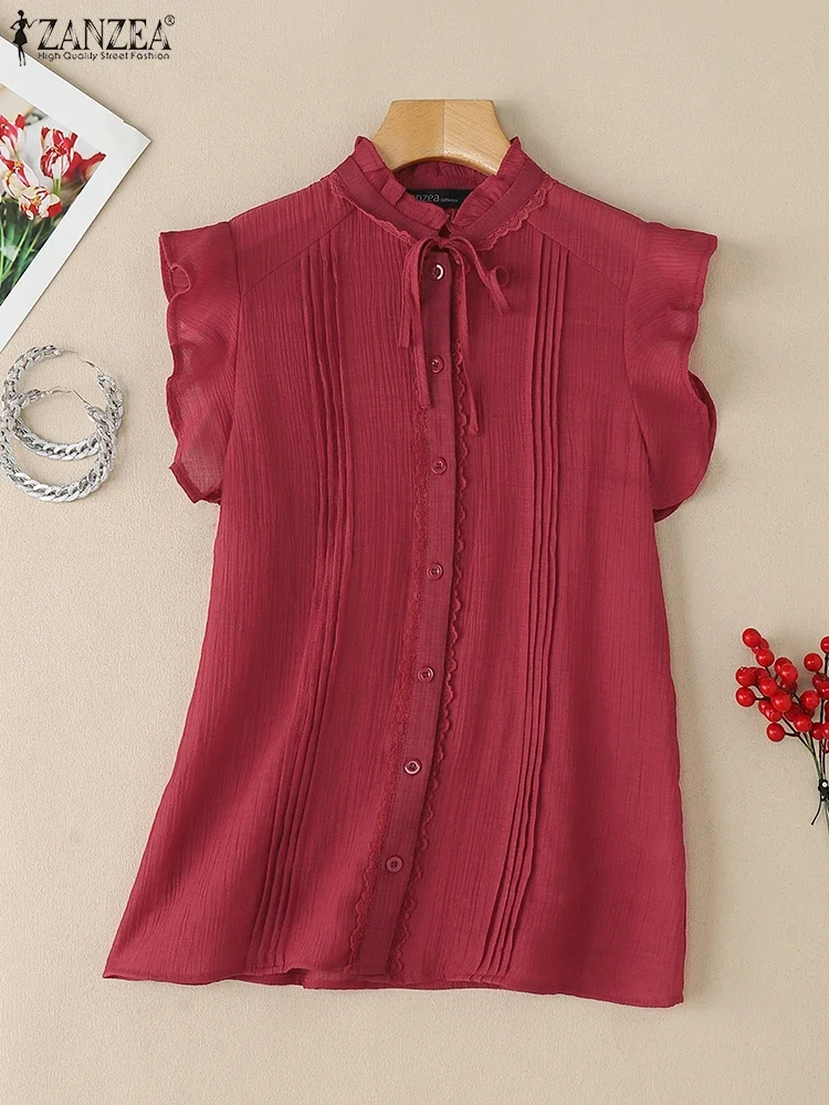 

Стильная женская блузка без рукавов ZANZEA, летние офисные рубашки, однотонные плиссированные блузки, элегантные праздничные топы на пуговицах со стойкой