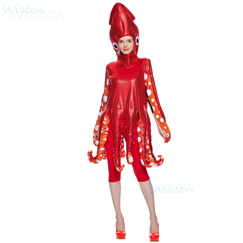 Halloween Adult Squid Cosplay Costume Red Octopus Tentacles Play Costume Sea Creature Party Onesie Spooky Funny Cos Clothes