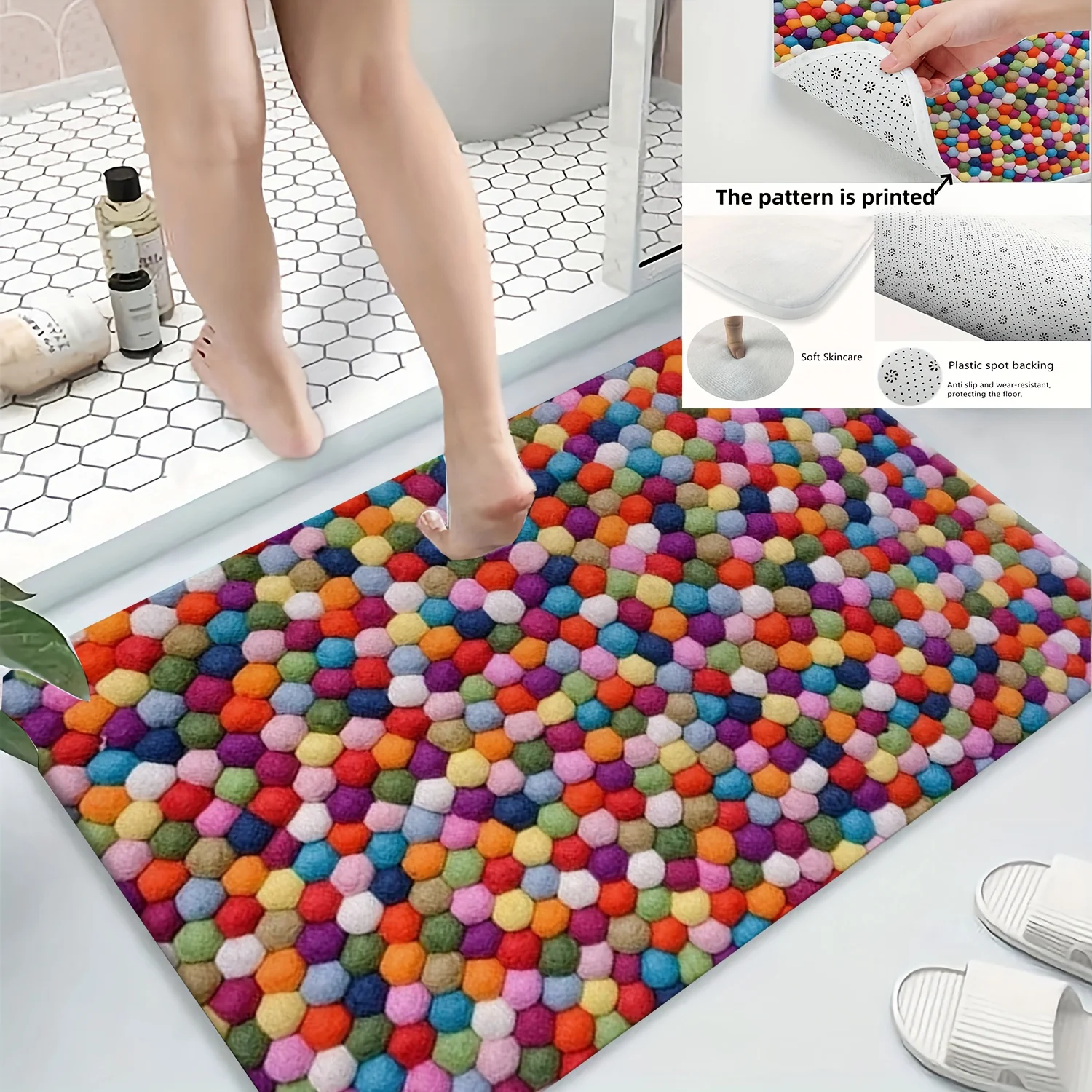 Colorful Pompom Pattern Bath Mat, Soft Flannel Non-Slip Rug, Decorative Floor Carpet for Bathroom, Living Room, Bedroom, Kitchen