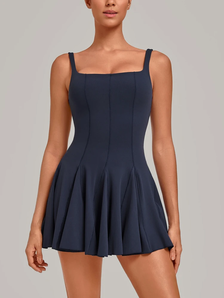 2 Pieces Sets Square Neck Golf Tennis Dress for Women Contour Princess Seams Ruffle Pleated Workout Athletic Dress with Shorts