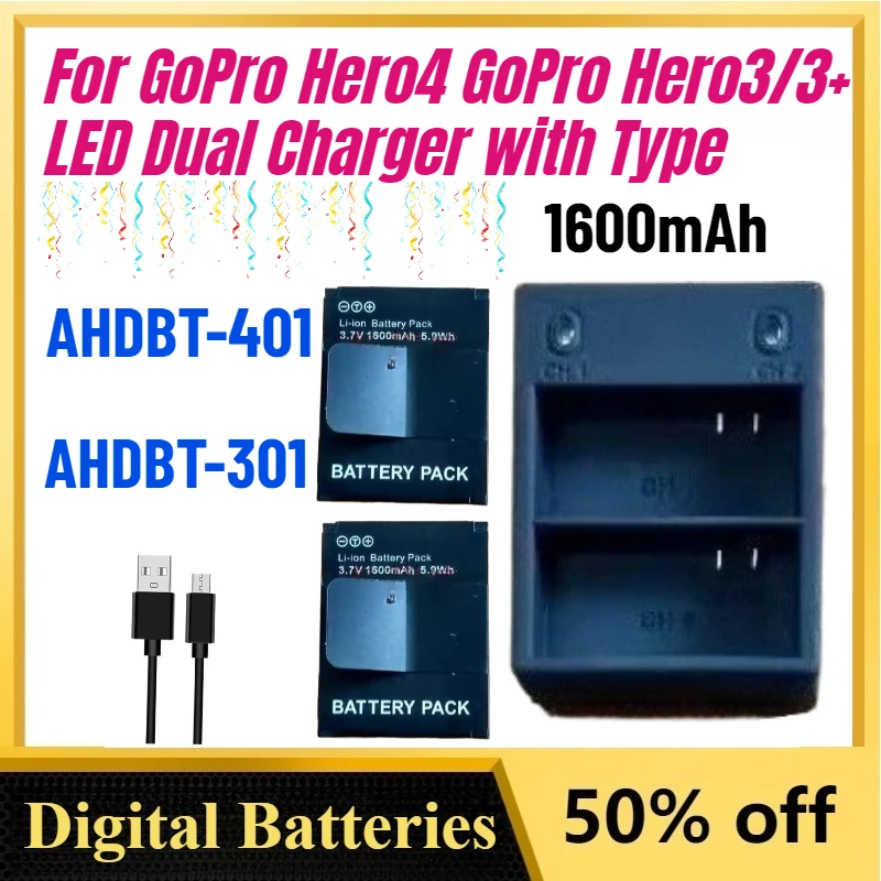 

High-Performance AHDBT-301 AHDBT-401 1600mAh Battery For GoPro Hero4 GoPro Hero3/3+ LED Dual Charger with Type C Port