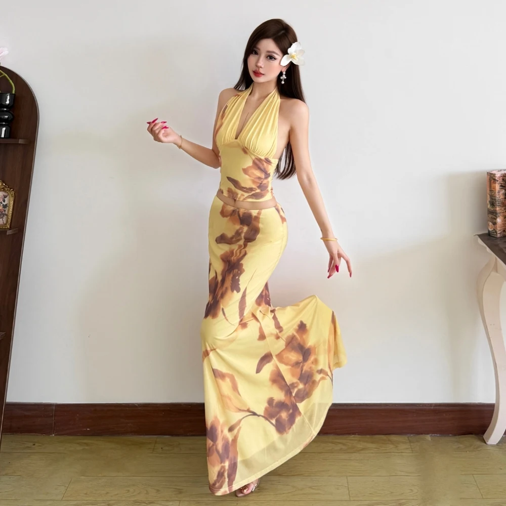Kliou Flower Print 2 Piece Set Woman Summer Trend Halter Low-Neck Backless Crop Tops+Long Skirts Holiday Elegant Style Outfits - Image 2