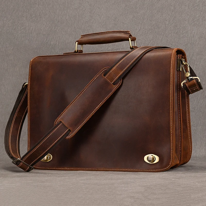 

Top Grade Thick Genuine Leather Men Briefcase 15" Laptop Cow Leather Business Bag Tote Man Briefcase With Shoulder Strap