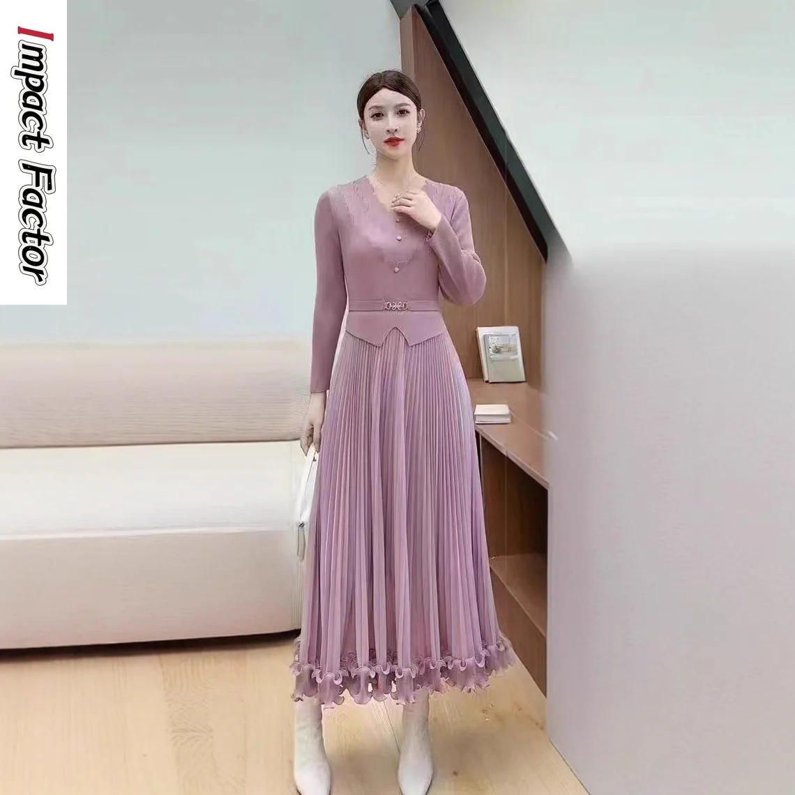 Miyake Fold 2025 Autumn and Winter Small Fragrance High-end French Fungus Edge Slim and Thin Versatile Dress