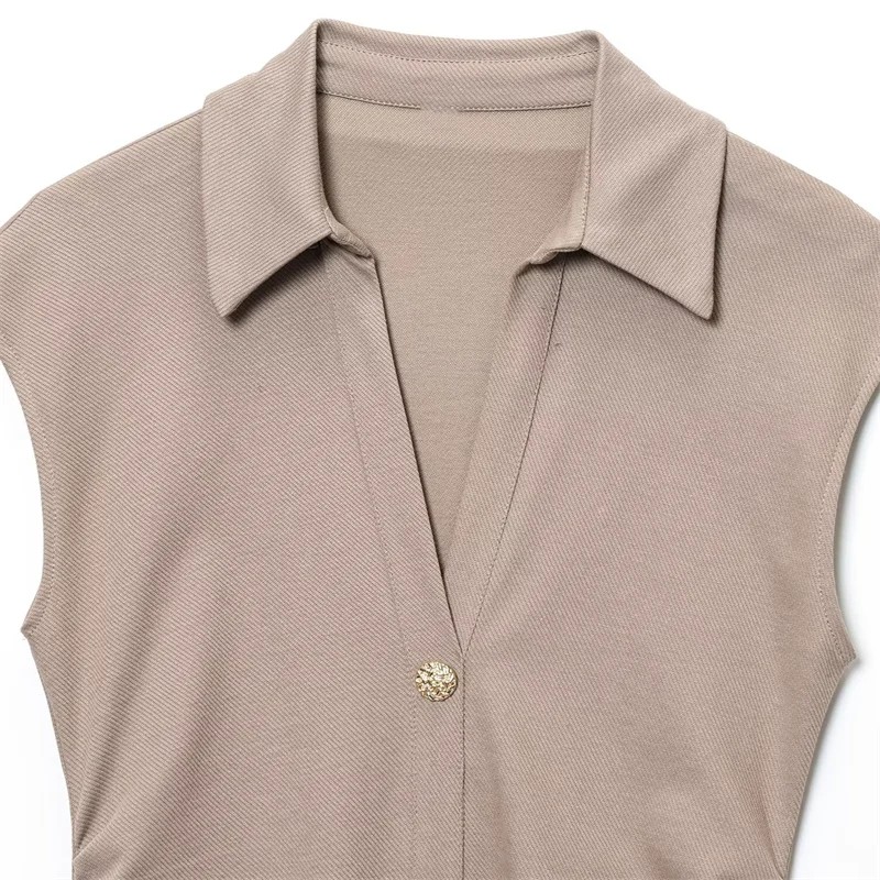 2025 new summer women's fashion slim-fit versatile shirt-style short-sleeved v-neck dress with gold button decoration