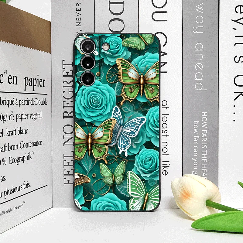 Ciemnozielone etui na telefon z wzorem motyla do Samsung Galaxy A56 A42 A13 A14 A55 A16 A54 A36 A53 A52 A51 Floral Frosted Soft Cover