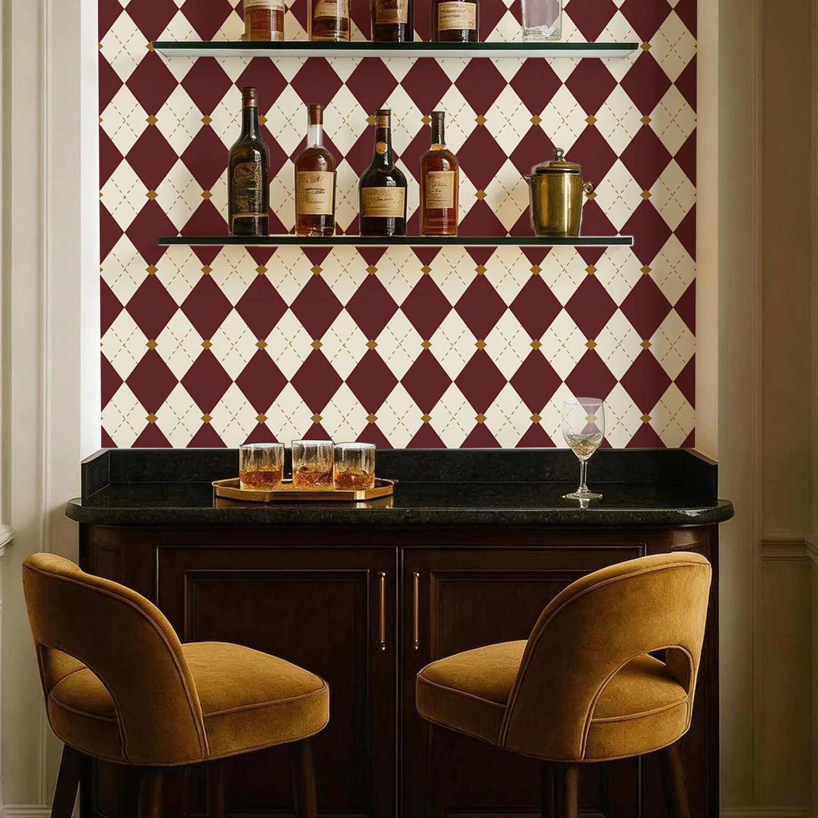 Modern Wine Red Checkered Self-adhesive Waterproof and Oil Resistant Wallpaper Lattice Furniture Cabinet Renovation Sticker ﻿