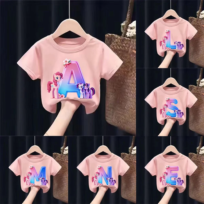 

My Little Ponys Children T-shirts Kawaii Cartoon Letters Printed T-shirt Girls Casual Short Sleeved Tops Summer Kids Clothing