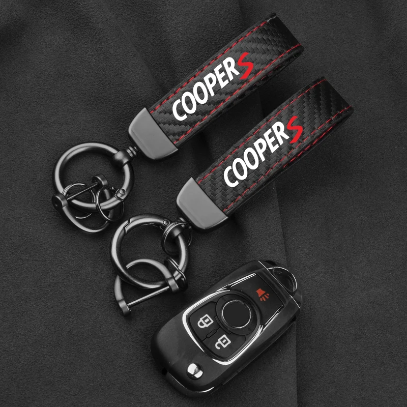 Leather Carbon Fiber Car Ring Keychain Trinket Zinc Alloy Keyrings Rotate For Mini Cooper S One JCW R55 R56 R50 R53 R60 F55 F56