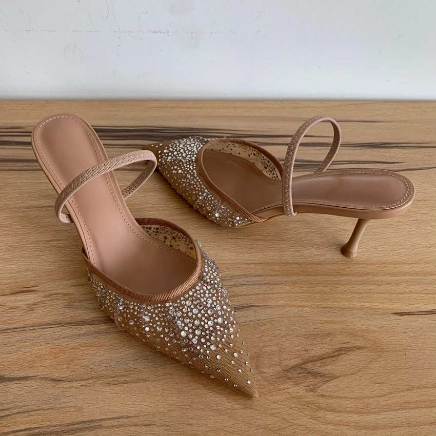 Fashion Summer Women High Heels Rhinestone Slingback Woman Pumps Pointed Toe High Heels Sandals Elegant Woman Shoes