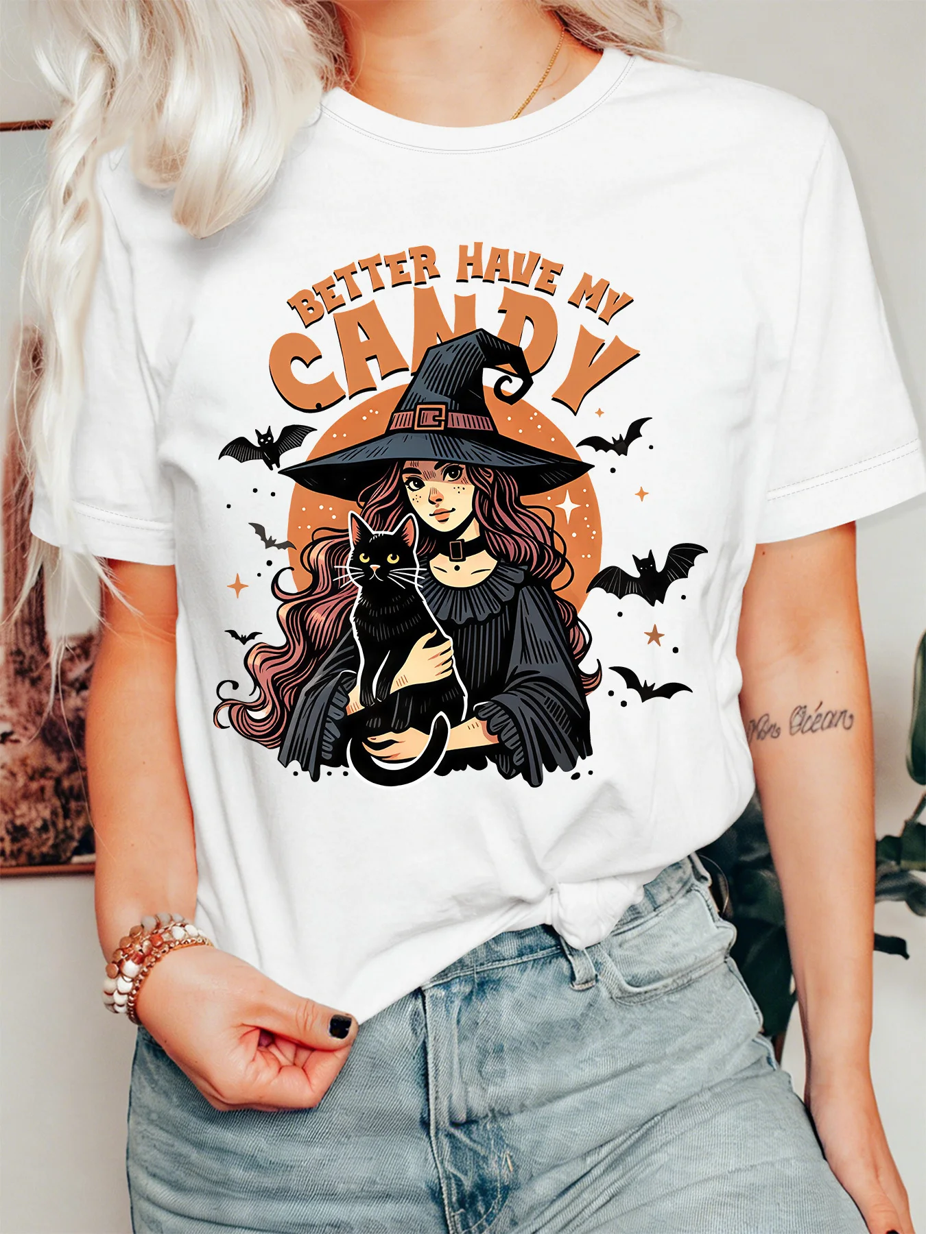 Halloween Witch Holding Black Cat Womens Crew Neck Short Sleeve T Shirt Spooky Bat Candy Quote Casual Graphic Tees For Ladies