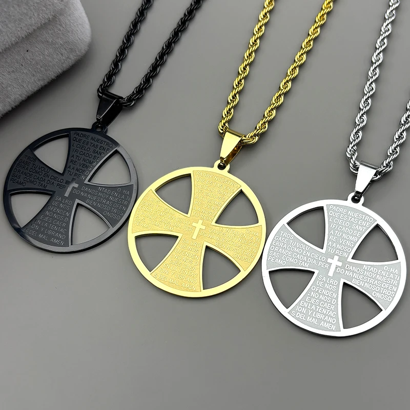 

Christian Spanish Bible Lords Prayer Cross Pendant Necklace for Women Men Stainless Steel Gold Color Chain Religious Jewelry