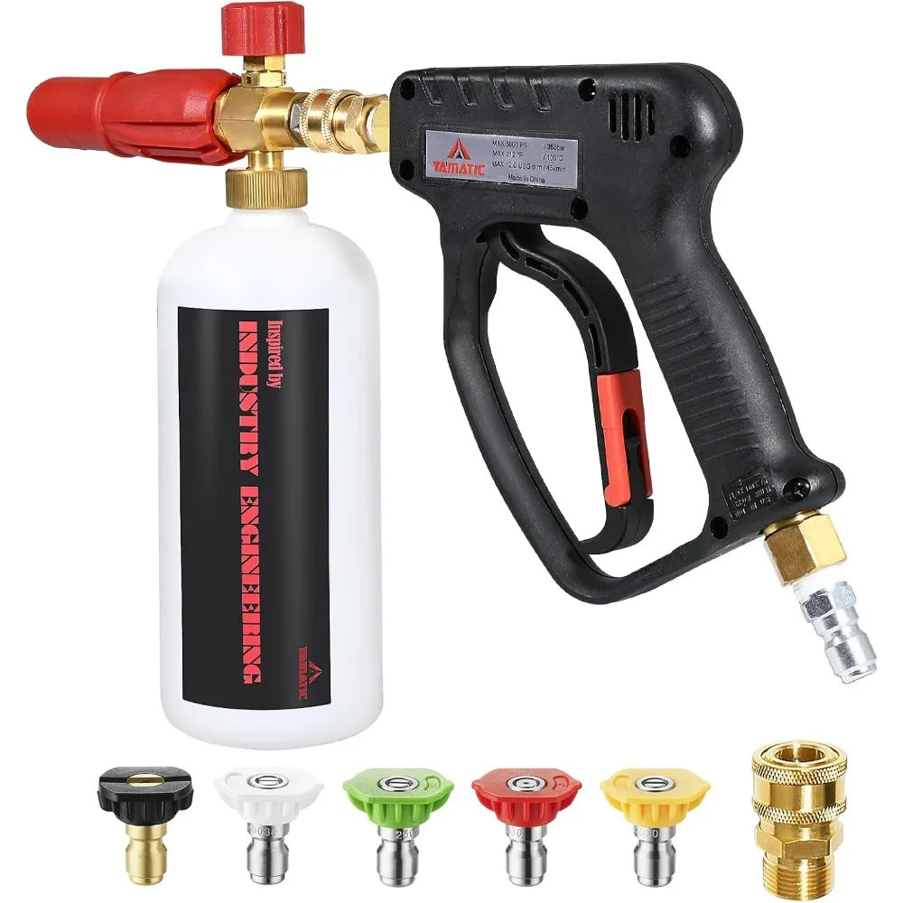 

Пистолет для мойки высокого давления YAMATIC с пенопластовой пушкой для автомойки, короткий пистолет для мойки мощностью 5000 фунтов на квадратный дюйм с быстроразъемным подключением 3/8 поворота и адаптером M22