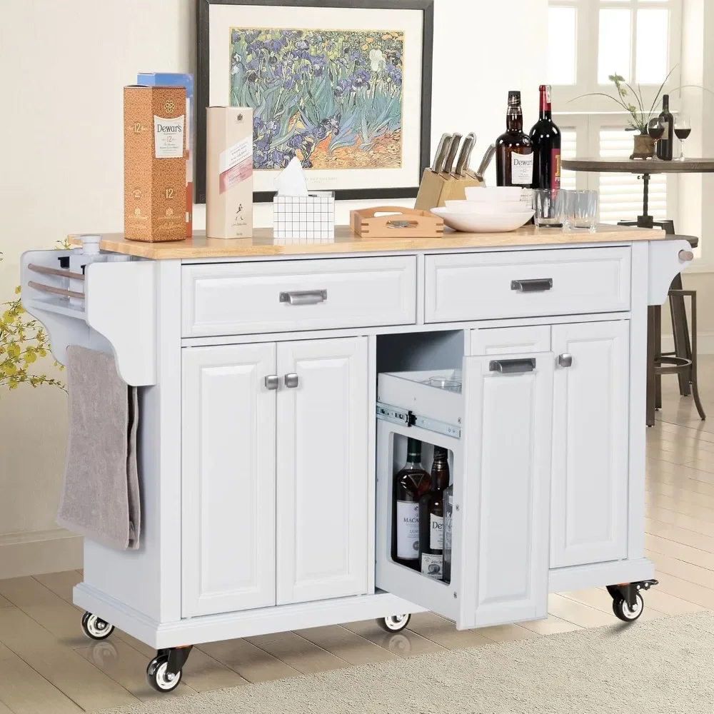 Mobile Kitchen Island with Storage Cabinet and Drawers, Rolling Kitchen Island Cart on Wheels with Rubberwood Countertop