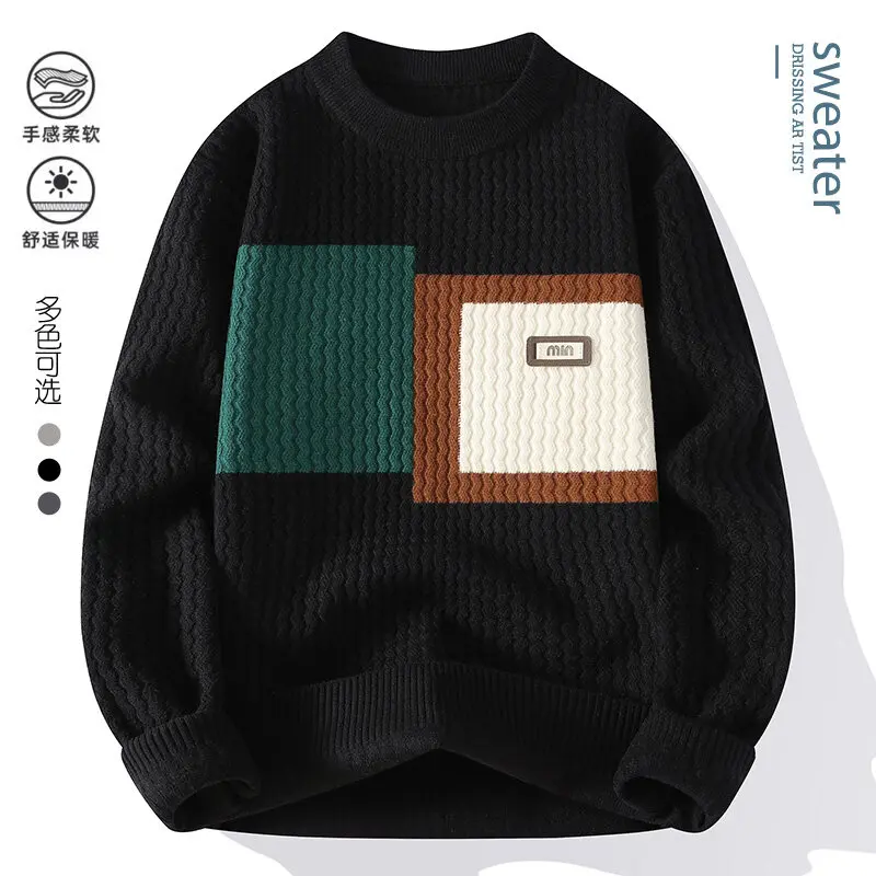 2025 Autumn/Winter Casual Men's Round Neck Sweater Splicing Half High Neck Thick Solid Color Knitted Sweater
