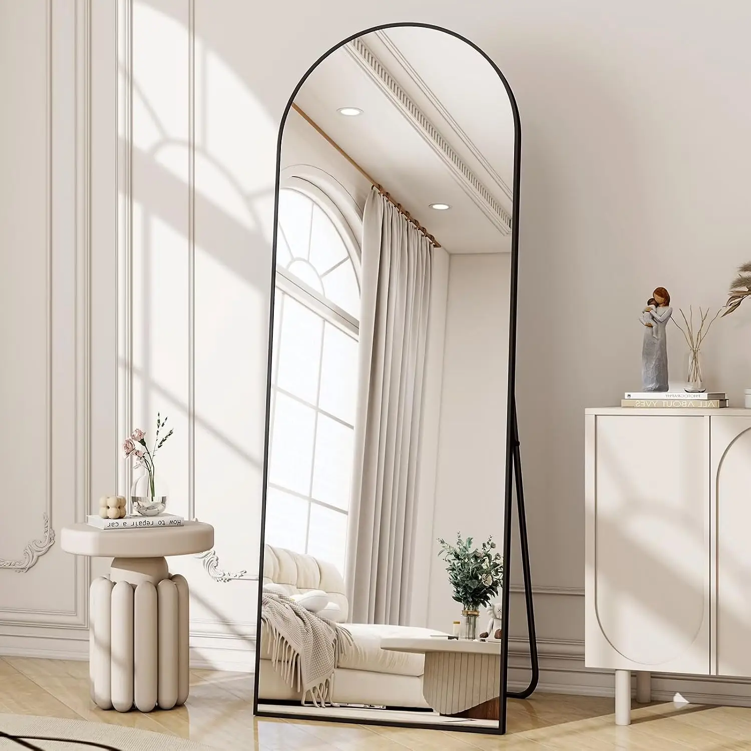 Arched Full Length Floor Mirror with Black Aluminum Frame, 59x16in