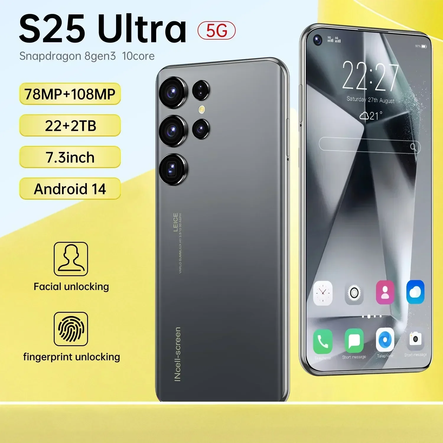 Global S25 Ultra Smartphone 5G 7.3 Inch HD Android 14 Snapdragon 8gen3 10 Core Dual Standby Phone 7800mAh Unlocked Phone