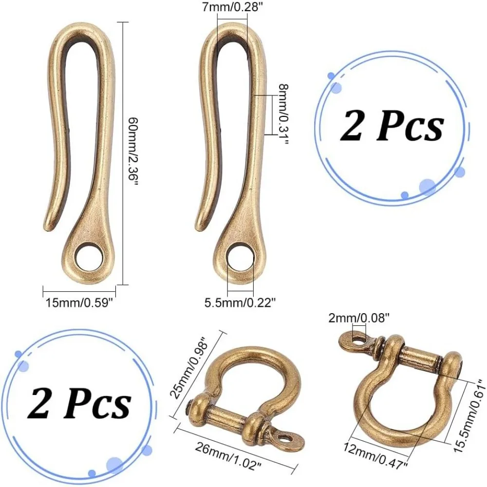 2 Sets Fish Hook Key Chains Bronze Key Rings Wallet Clip Belt Buckle Solid U-Shaped Key Chain Belt Key Ring Pocket Clip with Key