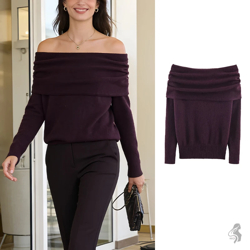 

Elegant Off Shoulder Wine Red Knitted Sweater Women's Long Sleeve Ruched Pullover Top for Fall/Winter