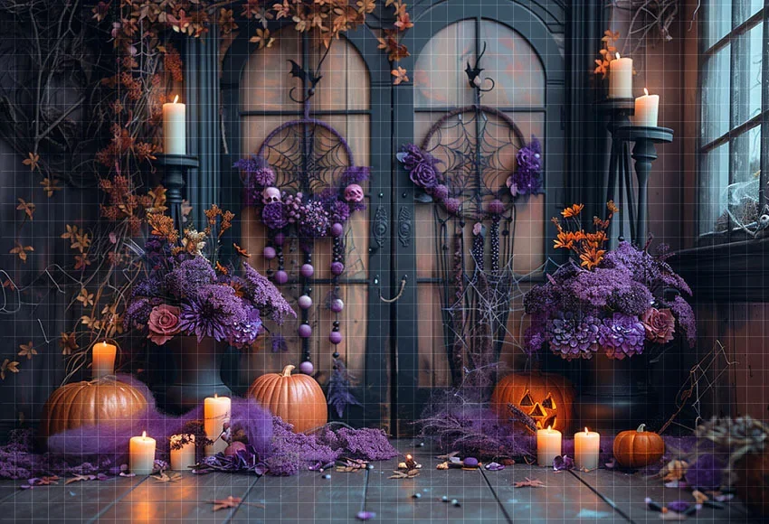 Fondo de fotografía Mehofond Boho Interior Halloween flor púrpura calabaza niños cumpleaños retrato decoración telón de fondo estudio fotográfico