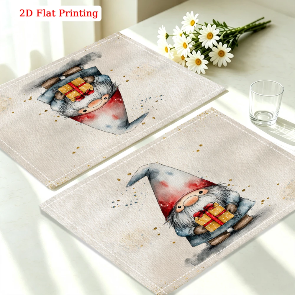 1pc Christmas Beige Watercolor Gift Holding Gnome Placemat 30x40cm for Dining Kitchen Home Decor