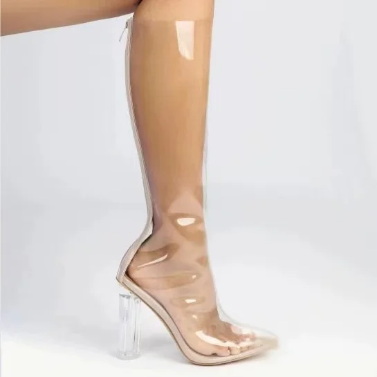 

Cross border transparent knee high boots for European and American foreign trade, thick heel, high heel, pointed toe, short tube