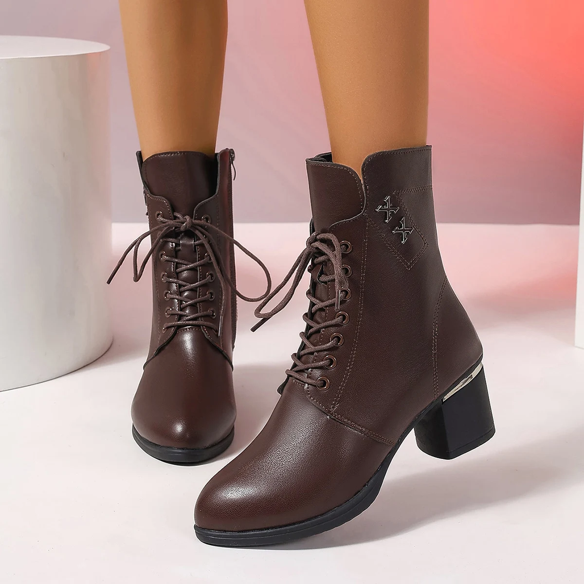 Women's Fashion High Heels Ankle Boots Autumn New Metal Decor Thick Heel Brown Short Boots Woman Size Zipper PU Leather Booties