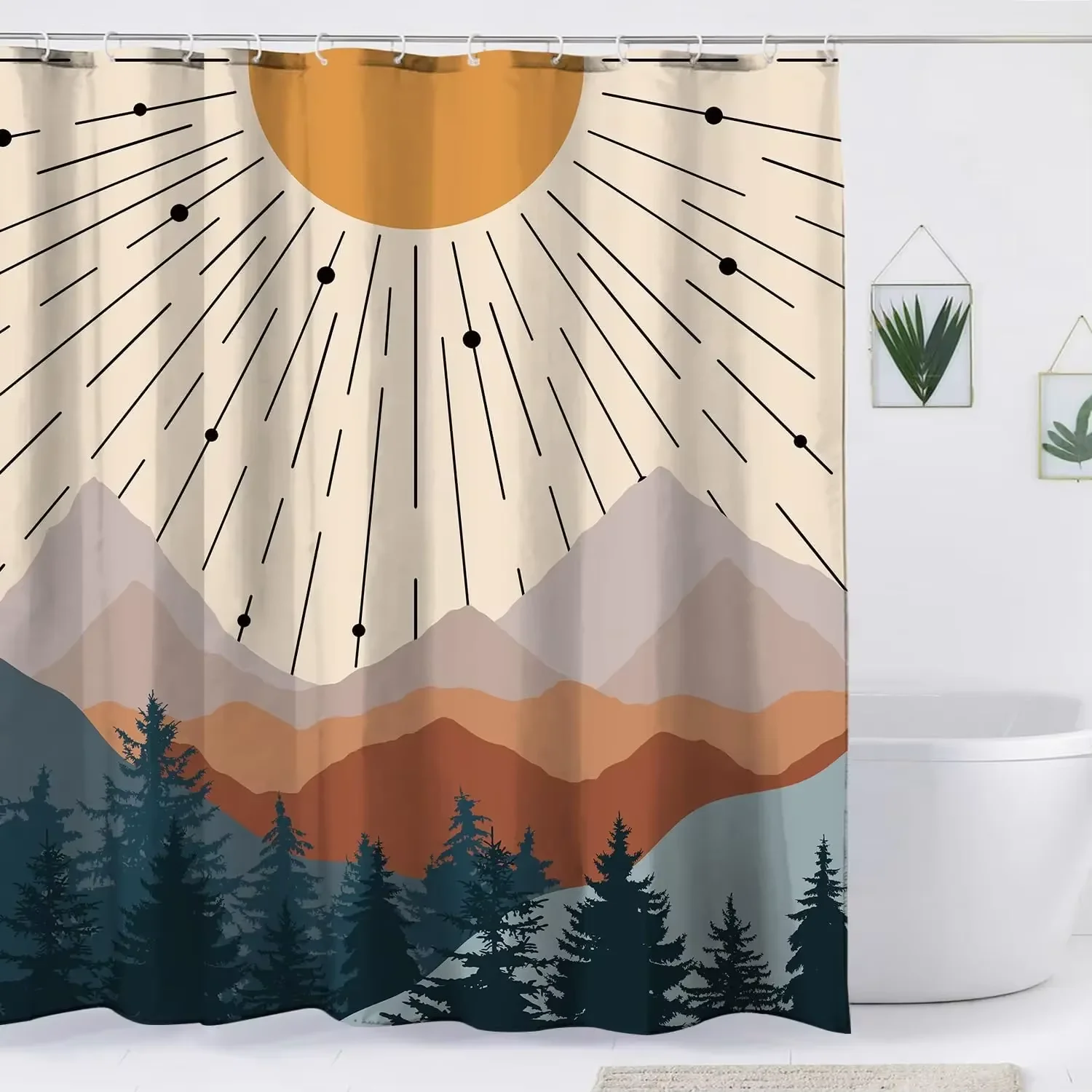 

Abstract Bohemian Shower Curtain Mid Century Arches Sun Leaves Modern Simple Aesthetic Lines Geometric Decorative Shower Curtain